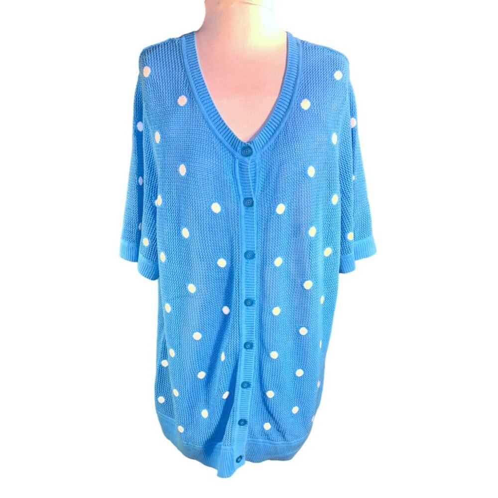 C.J Banks Women Blue White Polka Dot Cardigan Sweater Size 1X
